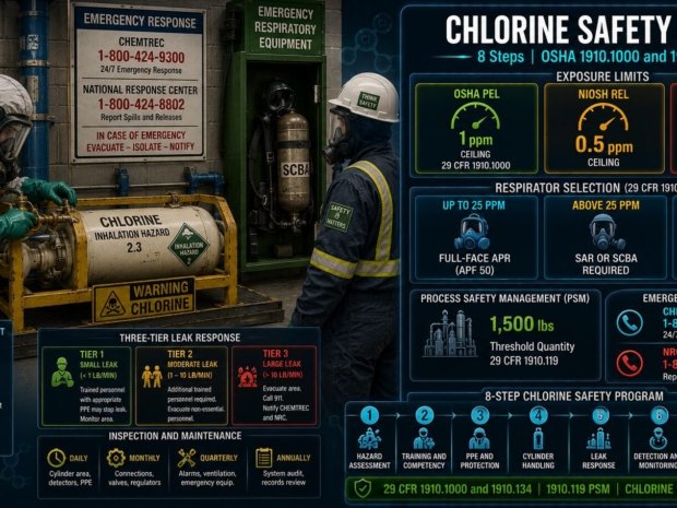 Chlorine safety guide covering OSHA exposure limits 1 ppm ceiling and IDLH at 10 ppm, respirator APF-based selection, PSM requirements at 1500 pounds, cylinder handling procedures, three-tier leak response and inspection schedules under 29 CFR 1910.1000 and 1910.134