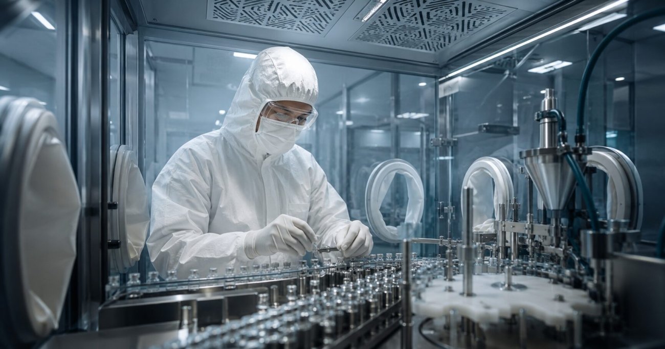 Pharmaceutical scientist in full gowning working in a Grade A cleanroom aseptic filling zone under EU GMP Annex 1 requirements