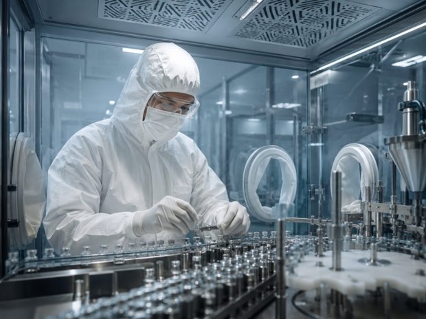 Pharmaceutical scientist in full gowning working in a Grade A cleanroom aseptic filling zone under EU GMP Annex 1 requirements