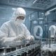 Pharmaceutical scientist in full gowning working in a Grade A cleanroom aseptic filling zone under EU GMP Annex 1 requirements