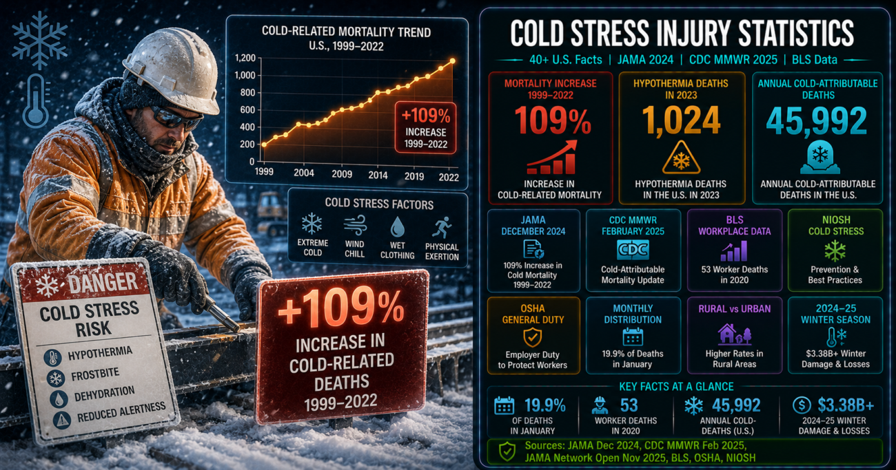 Cold stress injuries and fatalities U.S. statistics infographic showing 109% increase in cold-related mortality from 1999 to 2022 (JAMA December 2024), 1,024 hypothermia deaths in 2023 with 19.9% occurring in January (CDC MMWR February 2025), 45,992 mean annual cold-attributable deaths (JAMA Network Open 2025), and 53 worker fatalities from cold exposure in 2020.