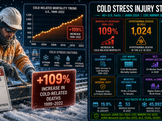 Cold stress injuries and fatalities U.S. statistics infographic showing 109% increase in cold-related mortality from 1999 to 2022 (JAMA December 2024), 1,024 hypothermia deaths in 2023 with 19.9% occurring in January (CDC MMWR February 2025), 45,992 mean annual cold-attributable deaths (JAMA Network Open 2025), and 53 worker fatalities from cold exposure in 2020.