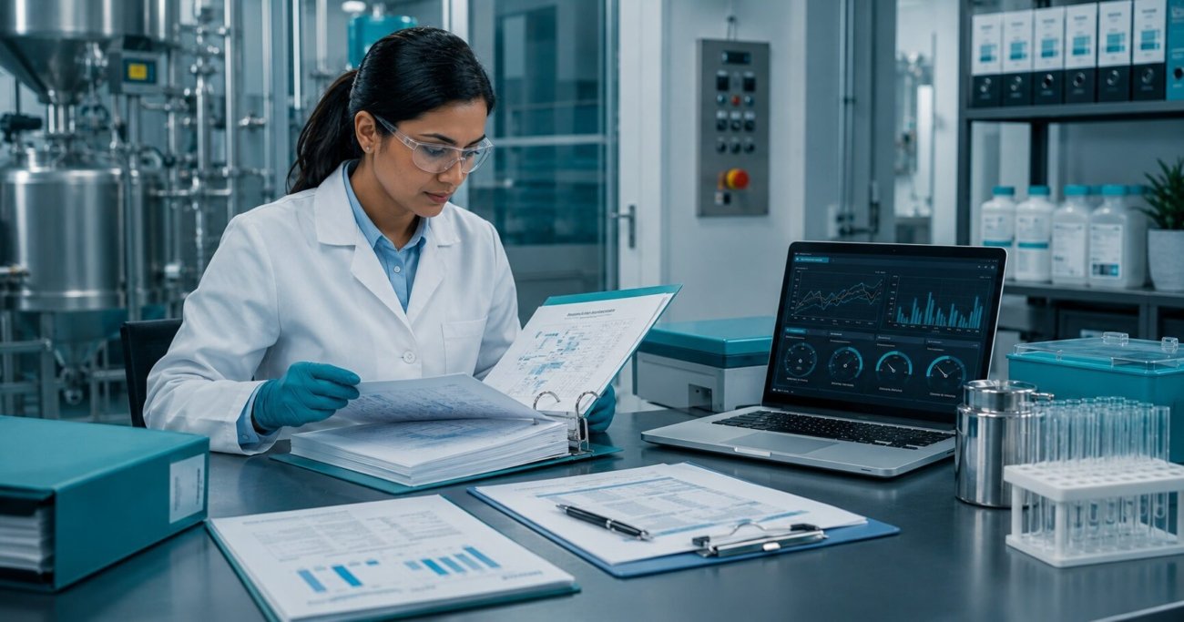 Pharmaceutical quality scientist reviewing process validation protocol documentation and trend data in a GMP laboratory