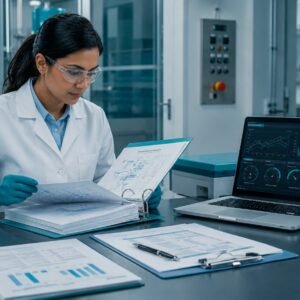 Pharmaceutical quality scientist reviewing process validation protocol documentation and trend data in a GMP laboratory
