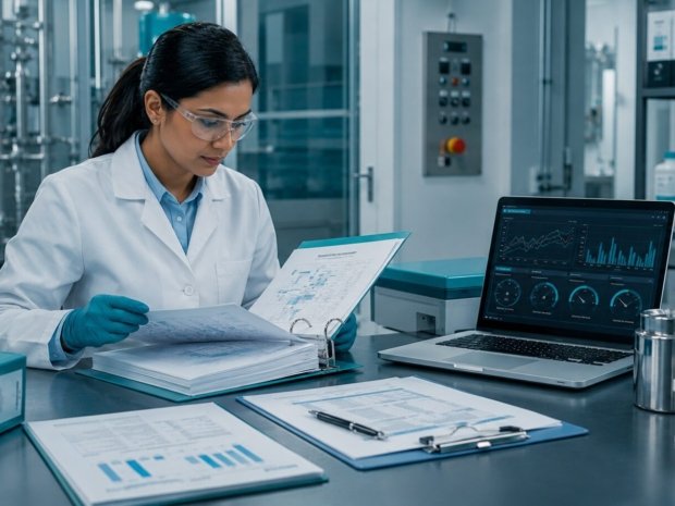 Pharmaceutical quality scientist reviewing process validation protocol documentation and trend data in a GMP laboratory