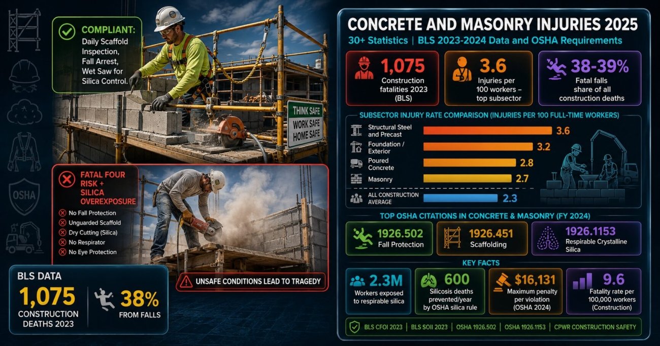 Concrete and masonry construction injury statistics for 2025 showing 1075 construction fatalities in 2023, injury rates of 2.7 to 3.6 per 100 workers across subsectors above the 2.3 all-construction average, falls causing 38-39 percent of deaths, 2.3 million workers exposed to silica, and OSHA top citation standards including fall protection scaffolding and silica