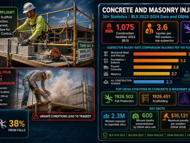 Concrete and masonry construction injury statistics for 2025 showing 1075 construction fatalities in 2023, injury rates of 2.7 to 3.6 per 100 workers across subsectors above the 2.3 all-construction average, falls causing 38-39 percent of deaths, 2.3 million workers exposed to silica, and OSHA top citation standards including fall protection scaffolding and silica