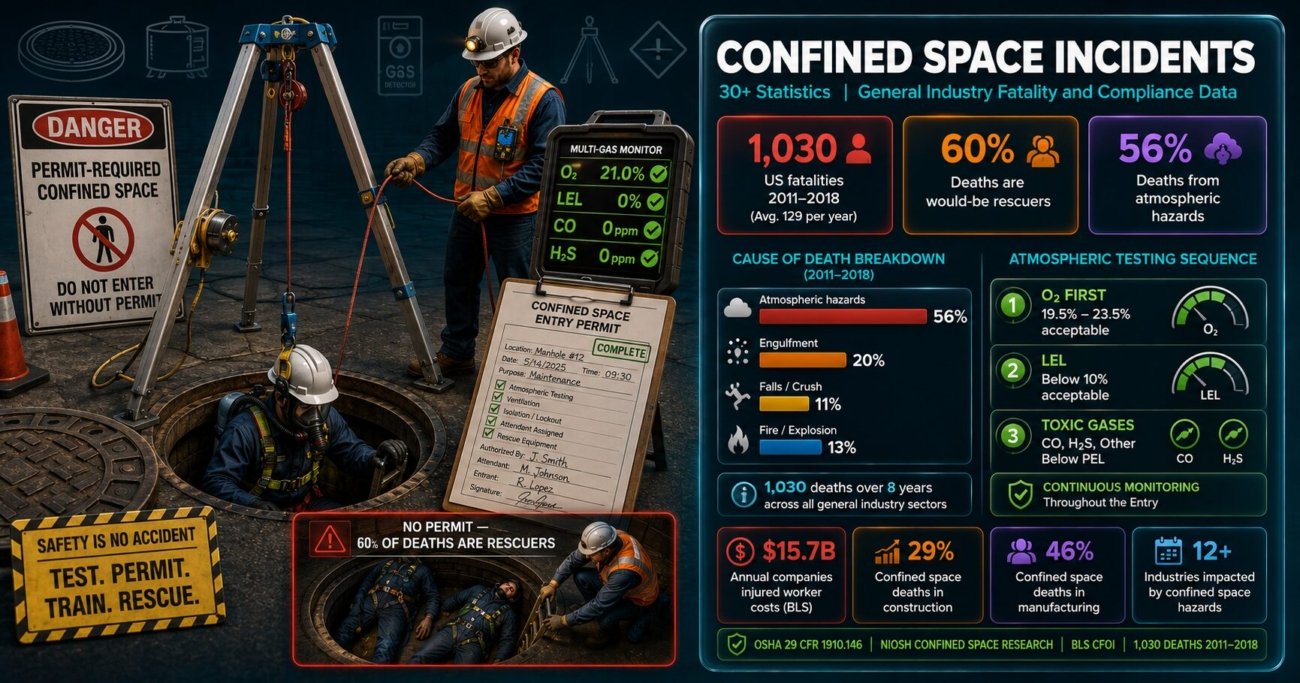 Confined space incident statistics showing 1030 US fatalities 2011 to 2018 averaging 129 per year with 60 percent being would-be rescuers, cause of death breakdown showing 56 percent atmospheric hazards, industry distribution data, and OSHA 29 CFR 1910.146 atmospheric monitoring requirements