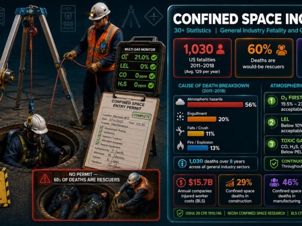 Confined space incident statistics showing 1030 US fatalities 2011 to 2018 averaging 129 per year with 60 percent being would-be rescuers, cause of death breakdown showing 56 percent atmospheric hazards, industry distribution data, and OSHA 29 CFR 1910.146 atmospheric monitoring requirements