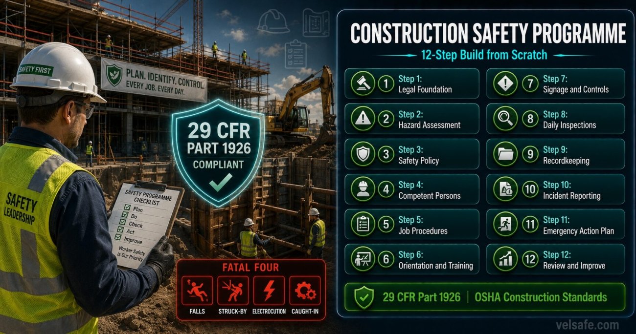 Construction site safety programme 12-step guide covering OSHA 29 CFR Part 1926 requirements including hazard assessment, competent persons, safety orientation, daily inspections and emergency action planning