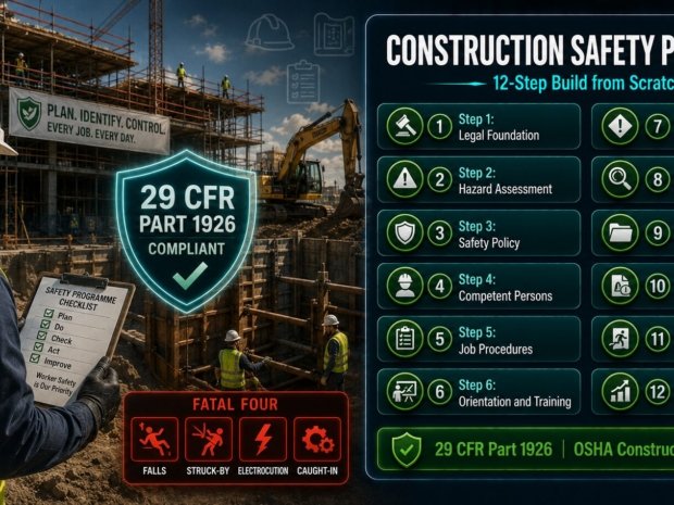 Construction site safety programme 12-step guide covering OSHA 29 CFR Part 1926 requirements including hazard assessment, competent persons, safety orientation, daily inspections and emergency action planning