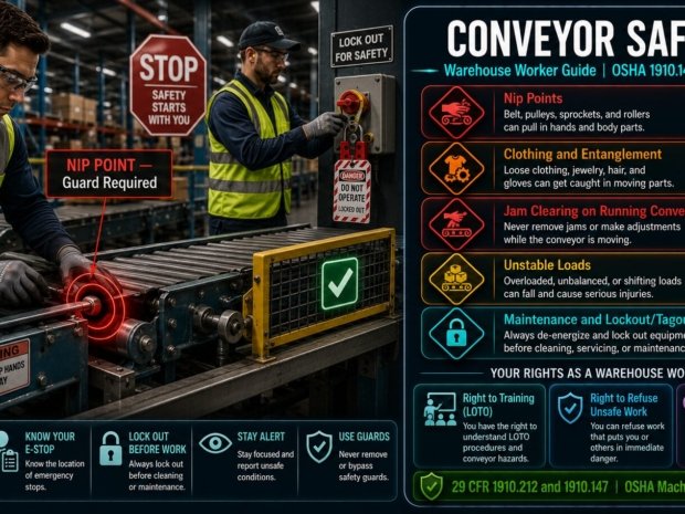 Conveyor safety guide for US warehouse workers covering nip point hazards, clothing entanglement, lockout tagout for jam clearing, emergency stop procedures and OSHA worker rights under 29 CFR 1910.212 and 1910.147