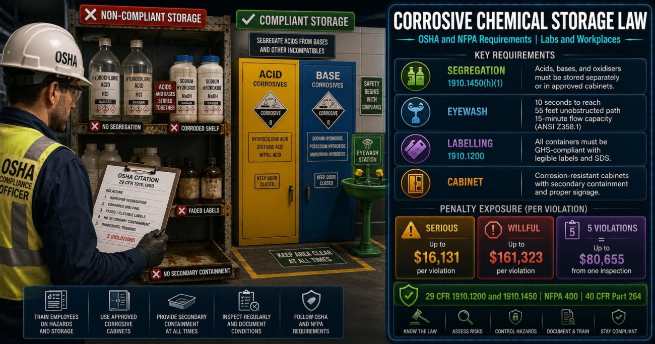 Corrosive chemical storage legal requirements guide covering OSHA 29 CFR 1910.1200 and 1910.1450 segregation rules, GHS labelling, ANSI Z358.1 eyewash station standards, NFPA 400 cabinet requirements and penalty exposure up to $161,323 per willful violation