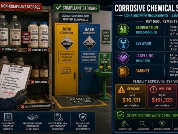 Corrosive chemical storage legal requirements guide covering OSHA 29 CFR 1910.1200 and 1910.1450 segregation rules, GHS labelling, ANSI Z358.1 eyewash station standards, NFPA 400 cabinet requirements and penalty exposure up to $161,323 per willful violation