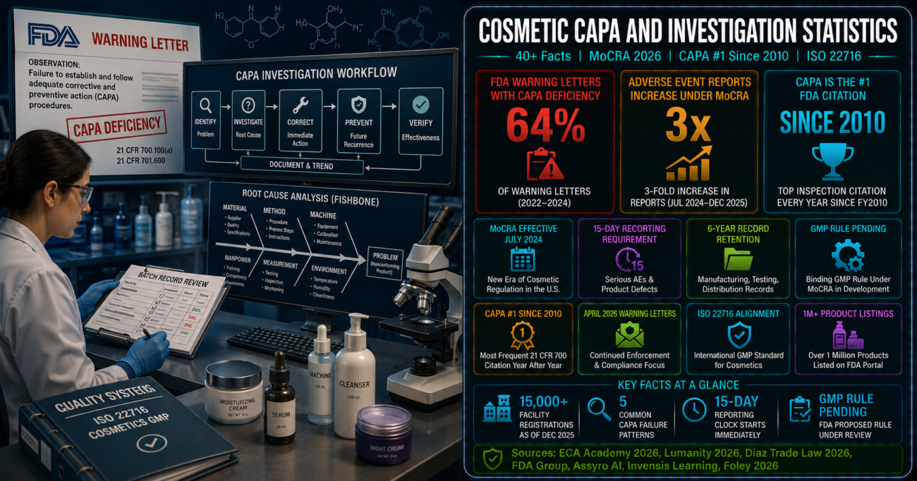 Cosmetic manufacturer CAPA and failure investigation statistics infographic showing CAPA as the FDA's number one inspection citation since fiscal year 2010, appearing in 64% of warning letters from 2022 to 2024, a threefold increase in adverse event reports under MoCRA mandatory reporting, FDA's enforcement of facility registration and product listing beginning July 2024, and the pending binding GMP rule under MoCRA requiring ISO 22716-aligned quality systems.