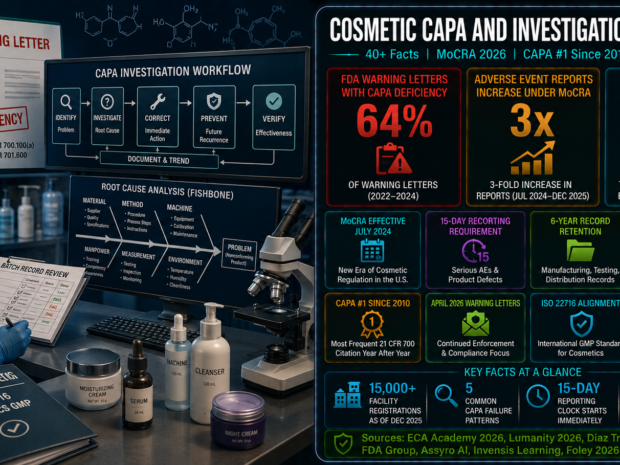 Cosmetic manufacturer CAPA and failure investigation statistics infographic showing CAPA as the FDA's number one inspection citation since fiscal year 2010, appearing in 64% of warning letters from 2022 to 2024, a threefold increase in adverse event reports under MoCRA mandatory reporting, FDA's enforcement of facility registration and product listing beginning July 2024, and the pending binding GMP rule under MoCRA requiring ISO 22716-aligned quality systems.