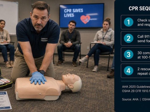 CPR step-by-step guide featured image showing a workplace safety trainer performing chest compressions on a CPR mannequin in a training setting, with an AED device visible and a numbered CPR sequence step card overlay on the right panel.