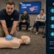 CPR step-by-step guide featured image showing a workplace safety trainer performing chest compressions on a CPR mannequin in a training setting, with an AED device visible and a numbered CPR sequence step card overlay on the right panel.