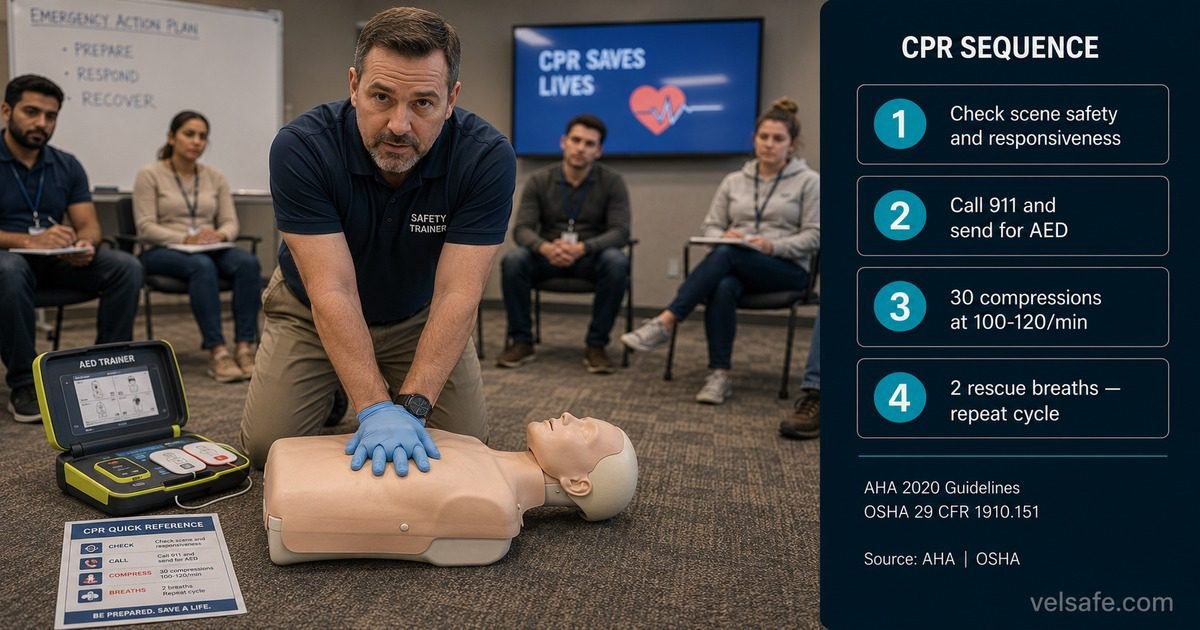 CPR step-by-step guide featured image showing a workplace safety trainer performing chest compressions on a CPR mannequin in a training setting, with an AED device visible and a numbered CPR sequence step card overlay on the right panel.