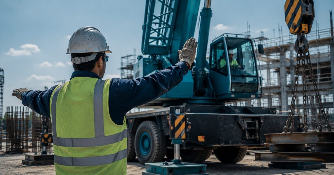 Qualified crane signal person in high-visibility vest giving standard hand signals to a crane operator on a construction site