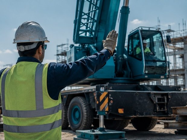 Qualified crane signal person in high-visibility vest giving standard hand signals to a crane operator on a construction site