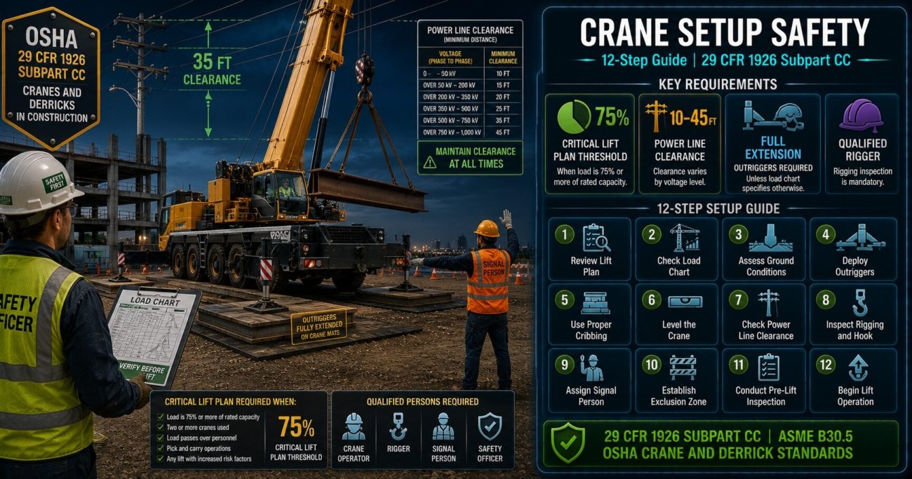 Crane setup safety 12-step guide under OSHA 29 CFR 1926 Subpart CC covering ground bearing capacity, outrigger deployment, power line clearance by voltage, load chart verification, critical lift plans and signal person qualification requirements