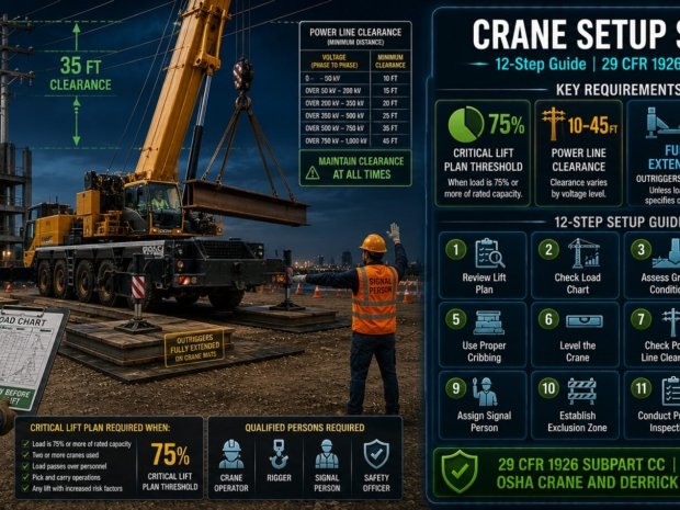 Crane setup safety 12-step guide under OSHA 29 CFR 1926 Subpart CC covering ground bearing capacity, outrigger deployment, power line clearance by voltage, load chart verification, critical lift plans and signal person qualification requirements