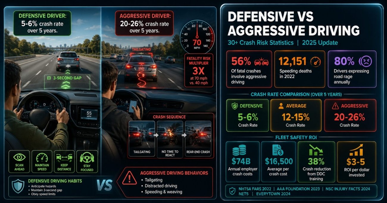 Defensive versus aggressive driving crash risk statistics for 2025 showing 56 percent of fatal crashes involve aggressive driving, 12151 speeding deaths in 2022, 80 percent of drivers expressing road rage, three times higher crash rate for aggressive drivers versus defensive drivers and 38 percent crash rate reduction from defensive driving training