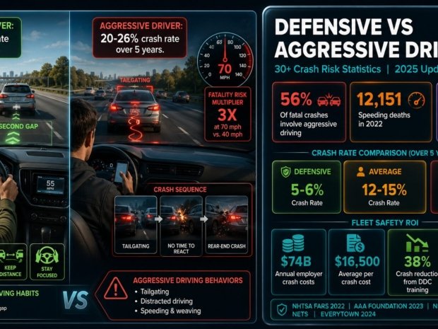 Defensive versus aggressive driving crash risk statistics for 2025 showing 56 percent of fatal crashes involve aggressive driving, 12151 speeding deaths in 2022, 80 percent of drivers expressing road rage, three times higher crash rate for aggressive drivers versus defensive drivers and 38 percent crash rate reduction from defensive driving training