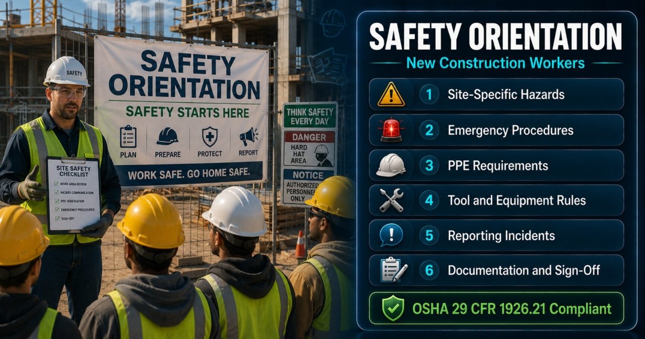 Safety orientation guide for new construction workers covering OSHA requirements, site hazards, PPE, emergency procedures and documentation obligations for supervisors