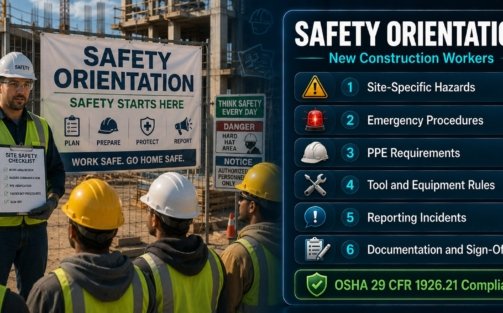Safety orientation guide for new construction workers covering OSHA requirements, site hazards, PPE, emergency procedures and documentation obligations for supervisors