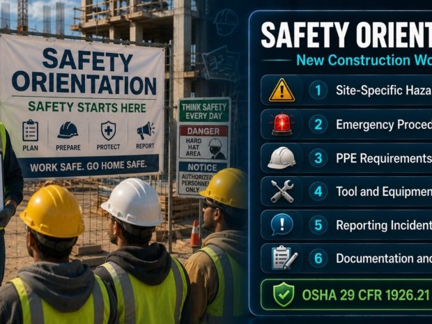 Safety orientation guide for new construction workers covering OSHA requirements, site hazards, PPE, emergency procedures and documentation obligations for supervisors