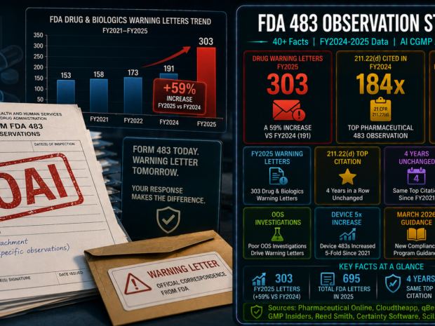 FDA 483 observations statistics infographic showing 303 drug and biologics warning letters in FY2025 (a 59% increase), 21 CFR 211.22(d) Quality Unit responsibilities cited 184 times as the top pharmaceutical 483 observation for four consecutive years, greater than 50% warning letter risk for inadequate 483 responses, and the April 2026 first warning letter citing AI misuse in CGMP documentation.