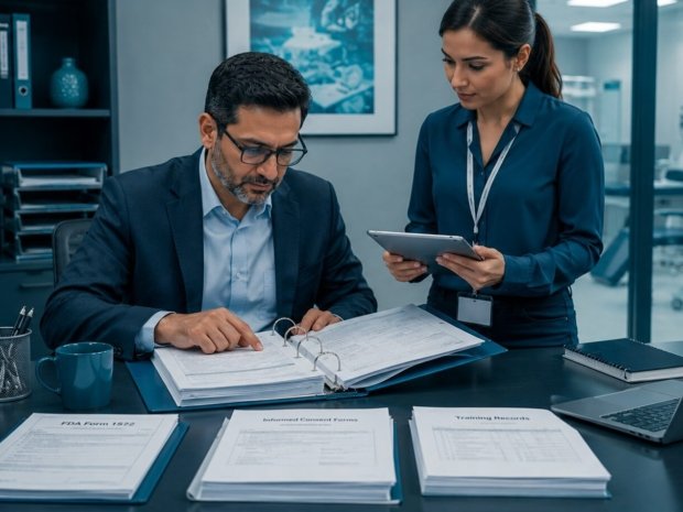 Clinical investigator and research coordinator reviewing regulatory binder documentation in preparation for an FDA BIMO inspection