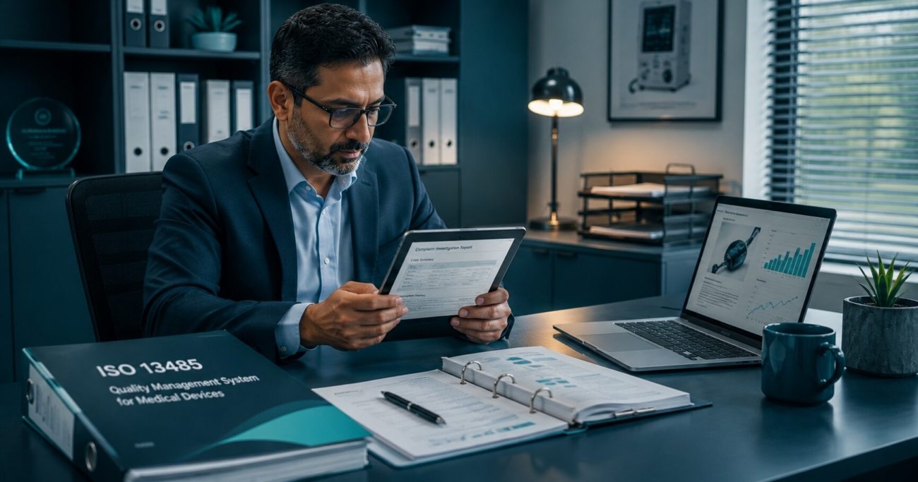 Quality manager reviewing FDA medical device complaint records under the QMSR and ISO 13485:2016 Clause 8.2.2 requirements