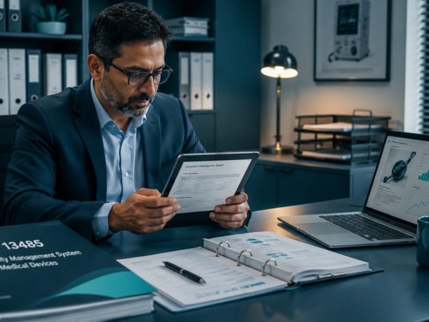 Quality manager reviewing FDA medical device complaint records under the QMSR and ISO 13485:2016 Clause 8.2.2 requirements