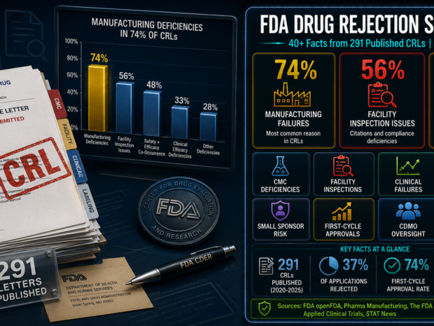 FDA drug application rejection statistics infographic showing 291 published Complete Response Letters, 74% manufacturing deficiency rate, 56% facility inspection failures, and 48% safety-efficacy co-occurrence rate from the FDA's 2025 radical transparency initiative covering 2020-2025 applications.