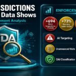FDA jurisdictions and enforcement data infographic showing FY2025 inspection surge, warning letter increases, AI-driven site selection, and enforcement escalation ladder from Form 483 to criminal referral