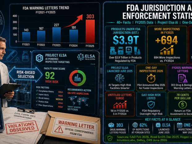 FDA jurisdiction and enforcement statistics infographic showing $3.9 trillion in regulated products, 694 more inspections in FY2025 versus FY2024, Project Elsa AI inspection targeting system launched June 2025, one-day inspections pilot announced May 2026, and 58 untitled letters in FY2025 versus 5 in FY2024.