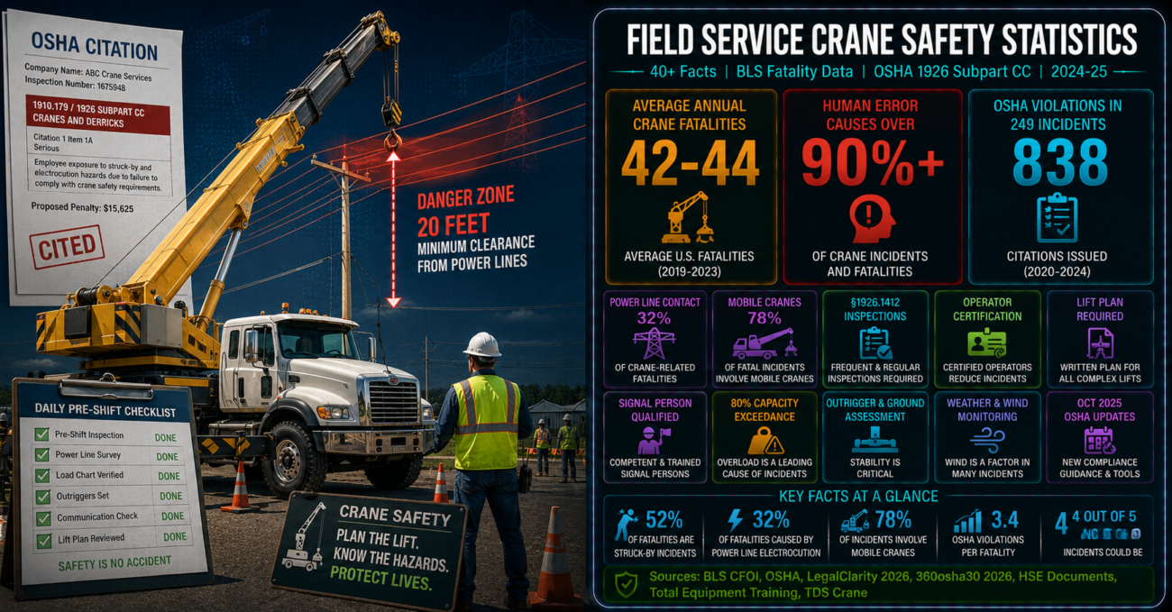 Field service crane safety statistics infographic showing 42 to 44 average annual U.S. crane-related fatalities, over 90% caused by human error per the Crane Inspection and Certification Bureau, 838 OSHA violations found across 249 crane incidents, mobile cranes responsible for 78% of fatal incidents, and power line electrocution accounting for 32% of crane fatalities with the OSHA 20-foot clearance requirement under §1926.1408.