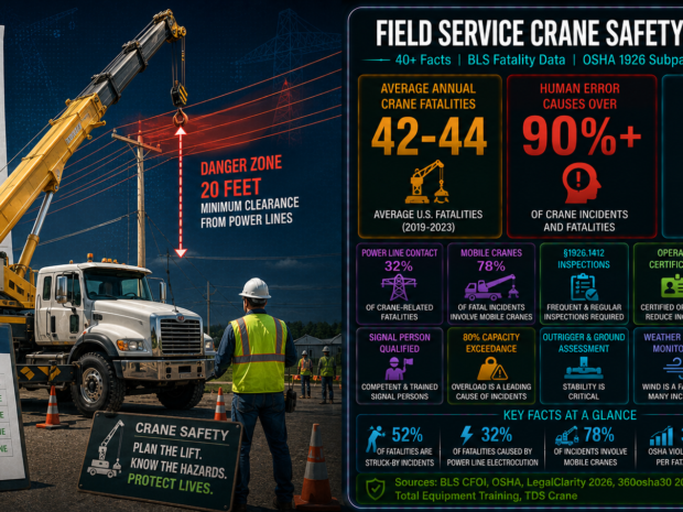 Field service crane safety statistics infographic showing 42 to 44 average annual U.S. crane-related fatalities, over 90% caused by human error per the Crane Inspection and Certification Bureau, 838 OSHA violations found across 249 crane incidents, mobile cranes responsible for 78% of fatal incidents, and power line electrocution accounting for 32% of crane fatalities with the OSHA 20-foot clearance requirement under §1926.1408.