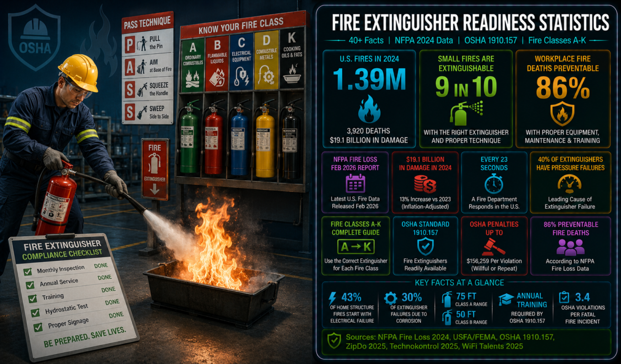 Fire extinguisher readiness and workplace fire statistics infographic showing 1.39 million U.S. fires in 2024 causing 3,920 deaths and $19.1 billion in property damage, 9 in 10 small fires extinguishable with proper technique, 86% of workplace fire deaths preventable with proper equipment and training, fire class selection guide from Class A through K, and OSHA 1910.157 requirements including annual training and $15,625 to $156,259 penalty range.