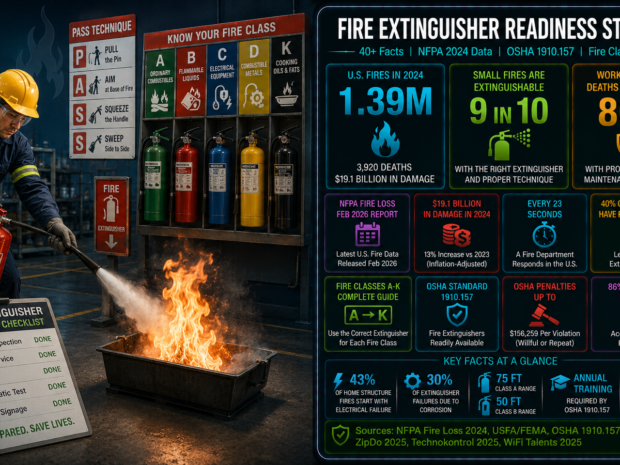 Fire extinguisher readiness and workplace fire statistics infographic showing 1.39 million U.S. fires in 2024 causing 3,920 deaths and $19.1 billion in property damage, 9 in 10 small fires extinguishable with proper technique, 86% of workplace fire deaths preventable with proper equipment and training, fire class selection guide from Class A through K, and OSHA 1910.157 requirements including annual training and $15,625 to $156,259 penalty range.