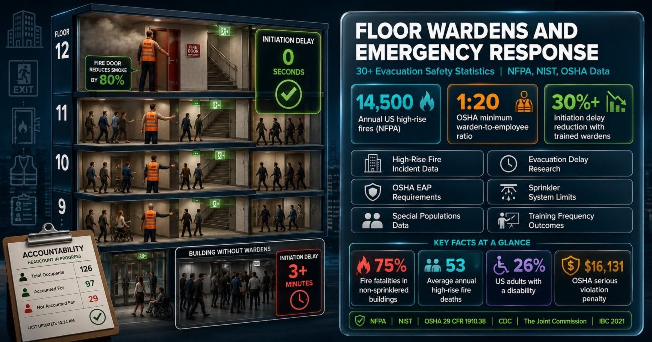 Floor warden and emergency response statistics covering 14500 annual US high-rise fires, OSHA 1:20 warden ratio requirement, 30 percent initiation delay reduction with trained wardens, 75 percent fire fatalities in non-sprinklered buildings and evacuation accountability gap data