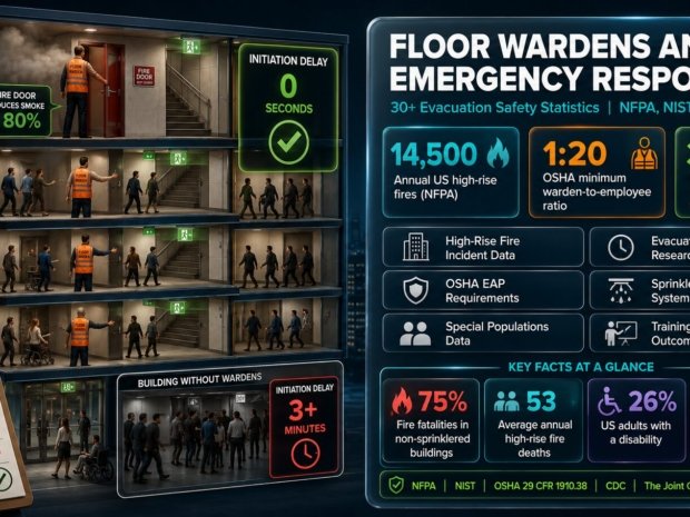 Floor warden and emergency response statistics covering 14500 annual US high-rise fires, OSHA 1:20 warden ratio requirement, 30 percent initiation delay reduction with trained wardens, 75 percent fire fatalities in non-sprinklered buildings and evacuation accountability gap data