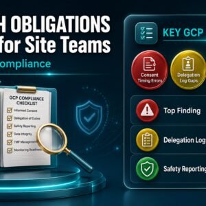 GCP ICH E6(R3) compliance infographic showing 12 tips for sponsors, monitors, and investigators covering consent, delegation, safety reporting, and TMF management