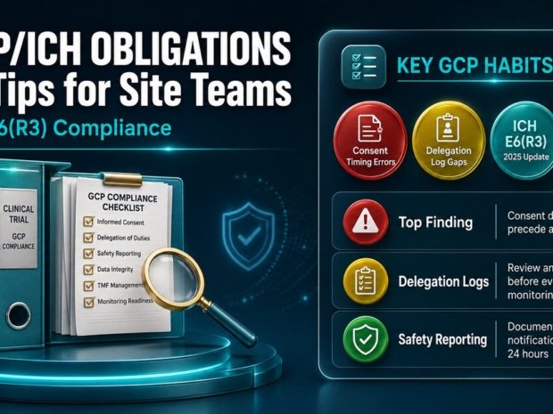 GCP ICH E6(R3) compliance infographic showing 12 tips for sponsors, monitors, and investigators covering consent, delegation, safety reporting, and TMF management