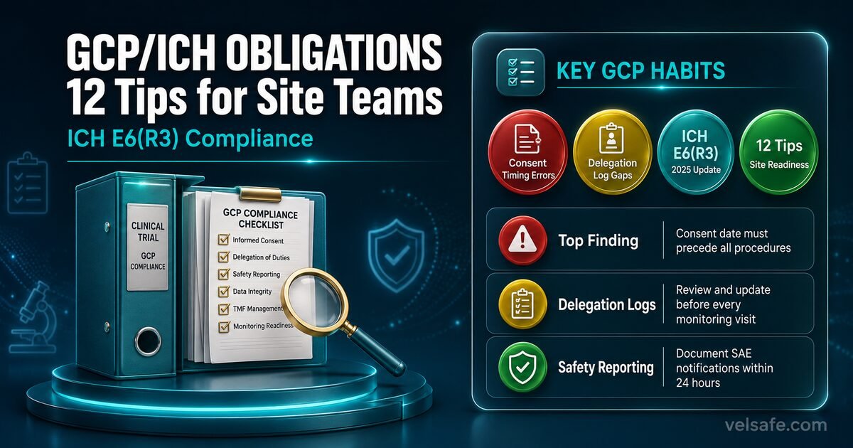 GCP ICH E6(R3) compliance infographic showing 12 tips for sponsors, monitors, and investigators covering consent, delegation, safety reporting, and TMF management