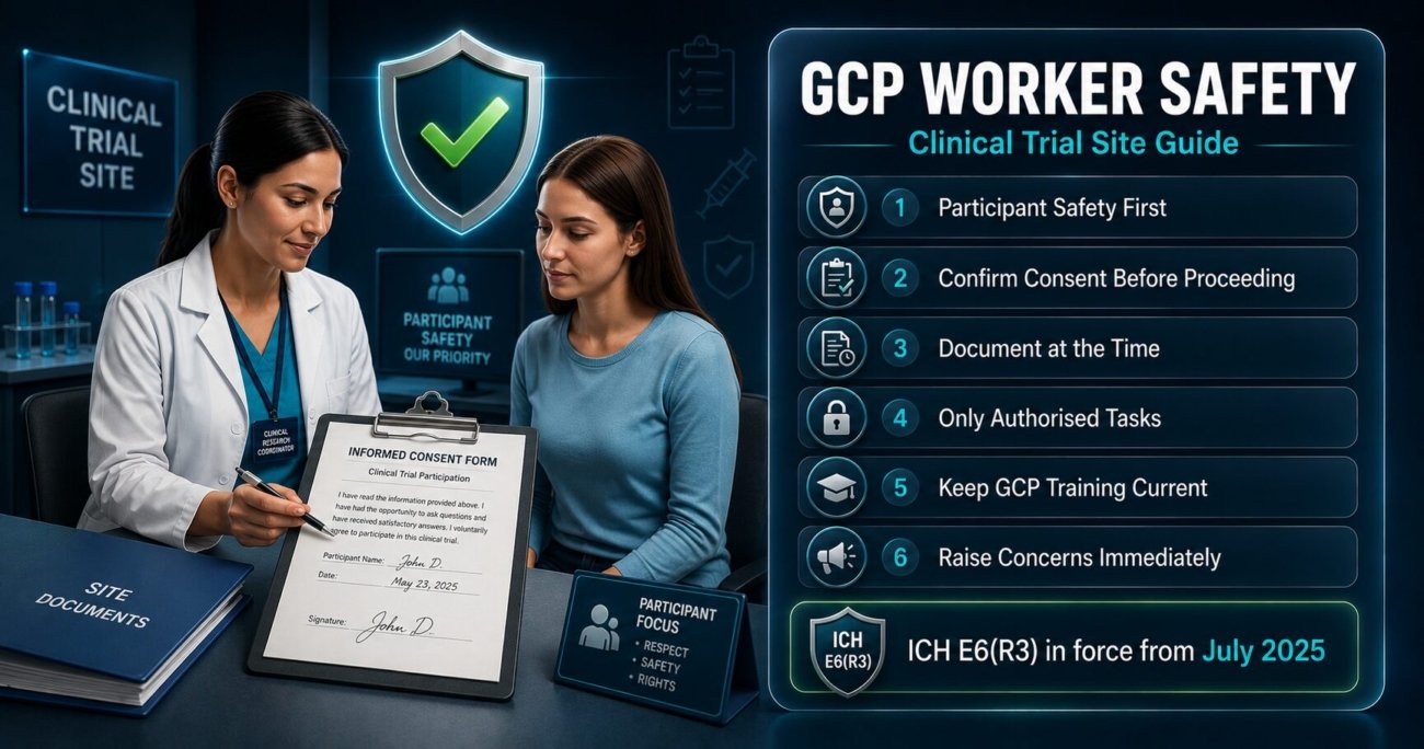 GCP worker safety guide for clinical trial site staff covering participant safety, informed consent, documentation and ICH E6(R3) training requirements
