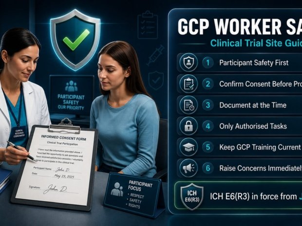GCP worker safety guide for clinical trial site staff covering participant safety, informed consent, documentation and ICH E6(R3) training requirements